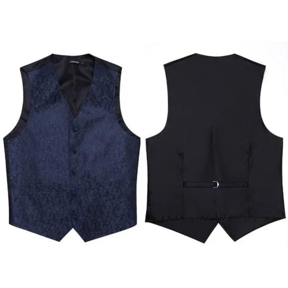 New 3PC Men's Paisley Floral Suit Vest Navy - Picture 4 of 8